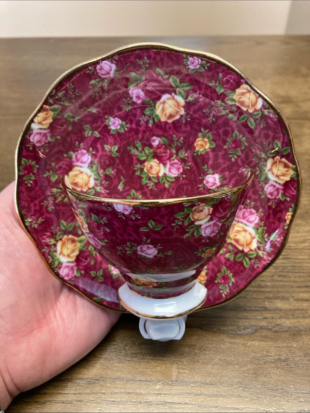 Royal Albert Burgundy Floral Teacup & Saucer with Gold Trim Nightlight